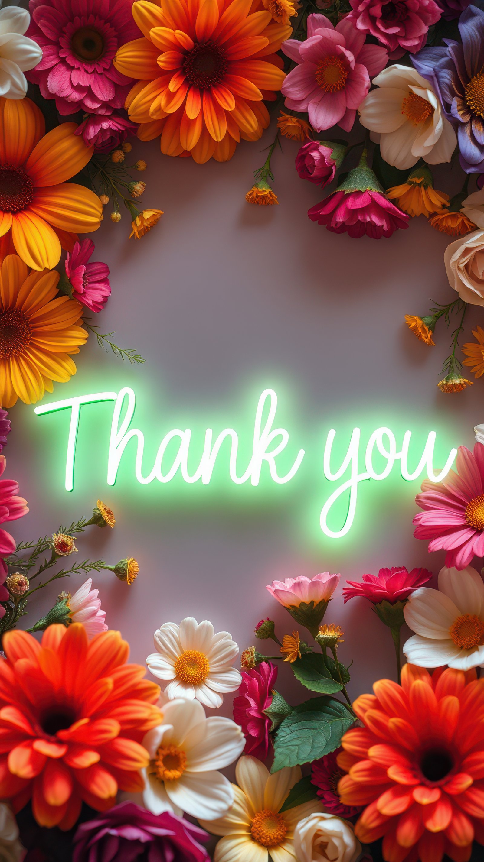 Bright floral arrangement featuring a glowing thank you message in vibrant colors